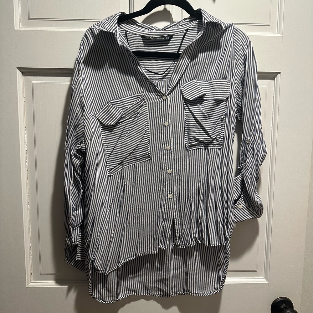 Blue and white striped blouse